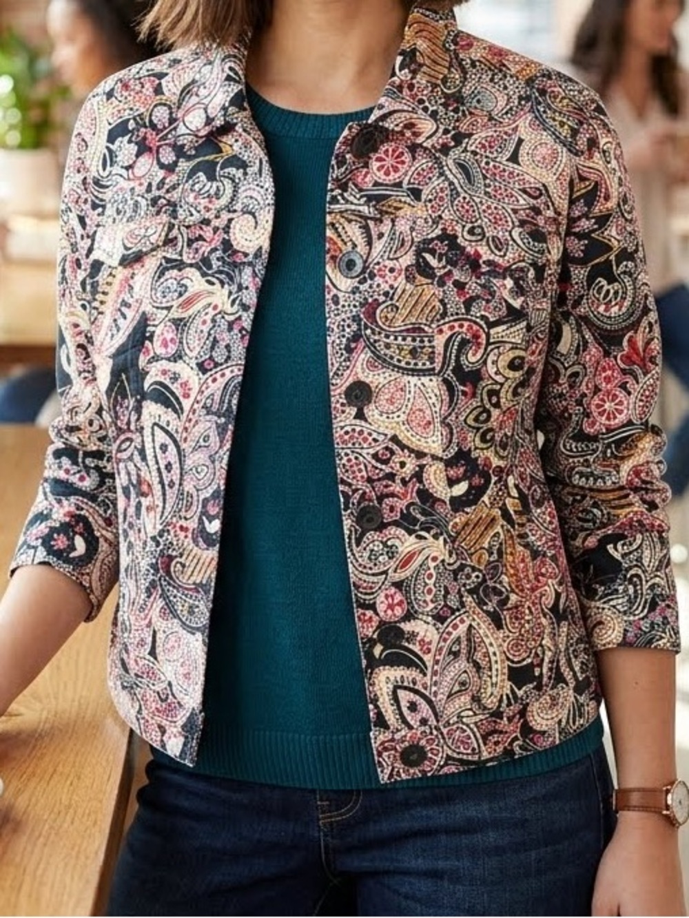 Charter Club Jacket Paisley Pink Black Ivory floral buttoned large casual cotton